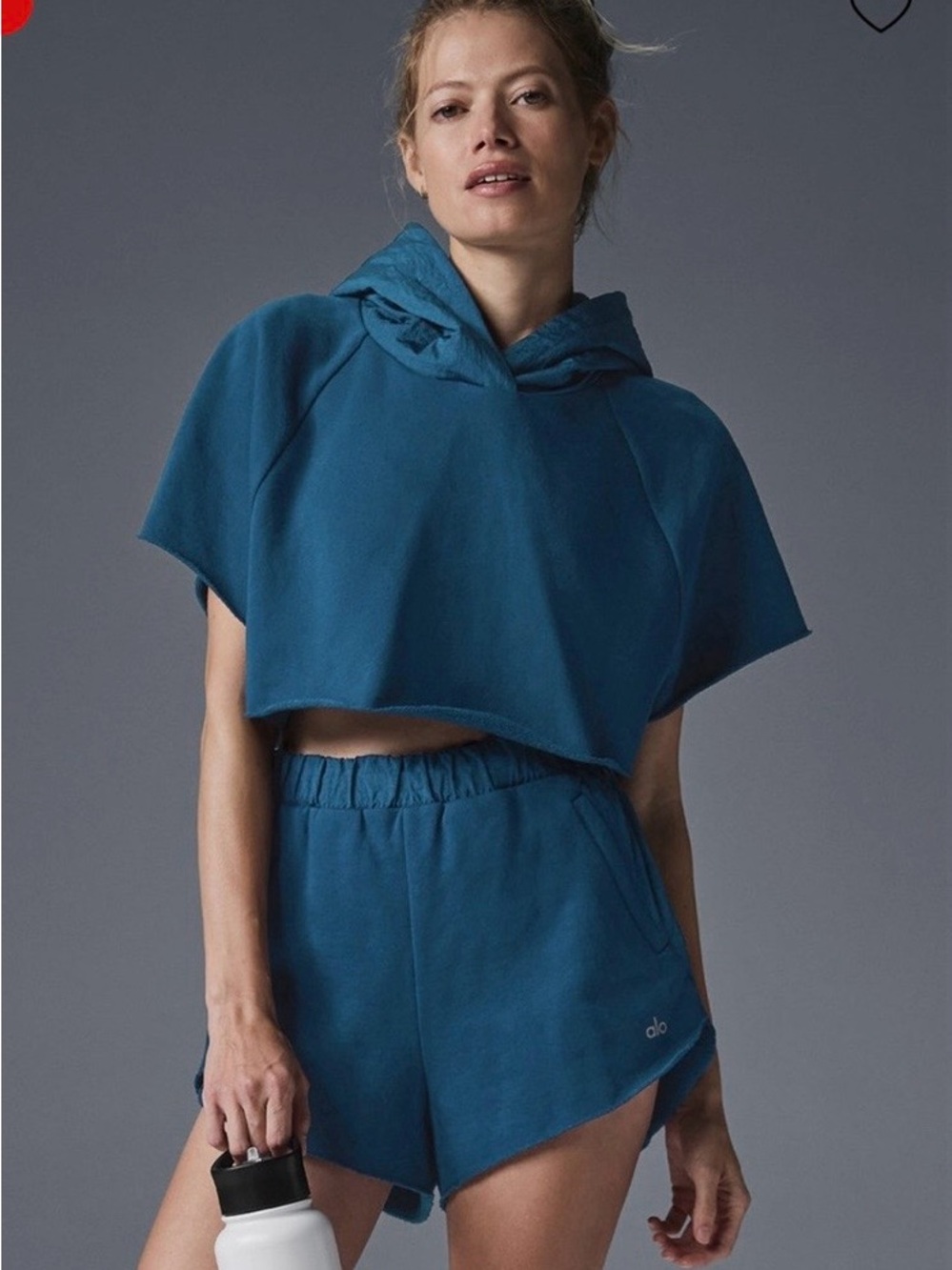 ALO Yoga Teal Cropped Hooded Top and Matching Shorts
